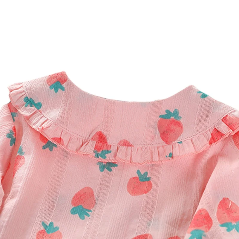 Children Girl Cartoon Fruit Print Lotus Leaf Collar Wear Bottoming Long-Sleeved Button Sweet Single Breast Buckle Blouse 1-7Y
