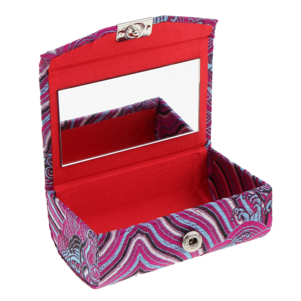 Retro Brocade Embroidered Chinese National Costume Design Lipstick Jewelry Case Holder Box With Mirror- Holds 2 Lipsticks