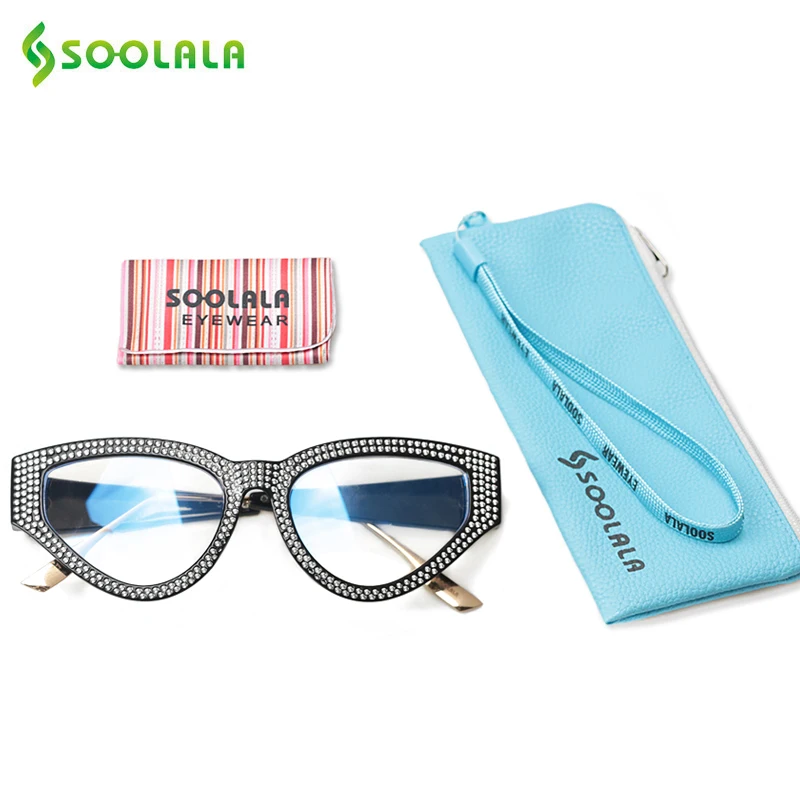 

SOOLALA Bling Rhinestone Cat Eye Anti Blue Light Reading Glasses Women Eyeglasses Farsighted Presbyopia Magnifying Glasses