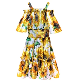 Svoryxiu подиумная летняя подсолнуха Хлопковое платье с принтом женский сексуальный топ с открытыми плечами праздничные оборки Спагетти ремень платья - Цвет: Многоцветный