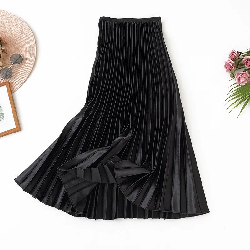 Осень Новое поступление винтажная темпераментная плиссированная юбка Женская европейский и американский стиль Длинная сатиновая юбка