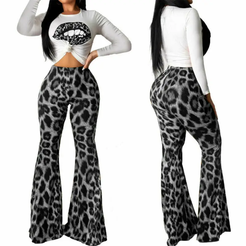 

2019 New Female Autumn Full Sleeve Cotton Round Neck T-shirt Tops Leopard High Waist Long Pants 2pcs Women Casual Outfits