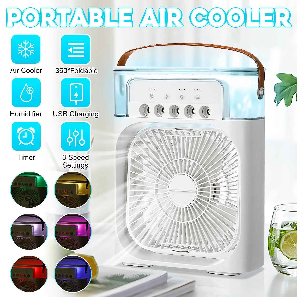 Mini Personal Air Cooler Fan with 3 Speed Mode Portable Air Conditioner Fan Office and Room and USB Input & 7 Colors Night Light Small Humidifier Air Cooler Desk Table Fan Handle for Home