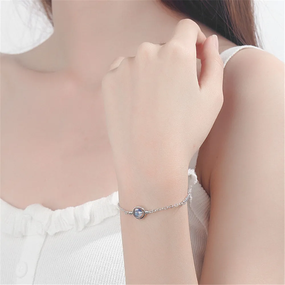 Изящный 925 пробы серебряный глобус браслет Femme Argent синий лунный камень браслеты для женщин минимальное тонкое звено цепи браслет SB031