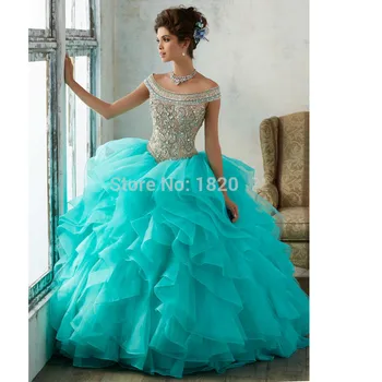 

Turquoise 2019 Quinceanera Dresses Ball Gown Off The Shoulder Tulle Ruffles Beaded Crystals Cheap Sweet 16 Dresses