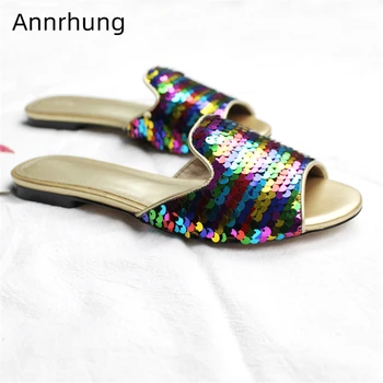 

Iridescent Sequins Flat Beach Shoes Sexy Open Toe Genuine Leather Bling Sequined Cloth Fashion Outwear Summer Slippers Women
