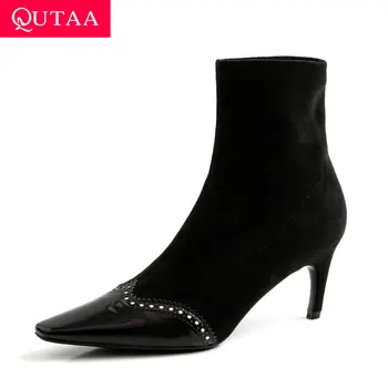 

QUTAA 2020 Patchwork Patent Leather Flock Slip on Winter Women Ankle Boots Thin High Heel Elegant Over The Knee Boots Size 34-39