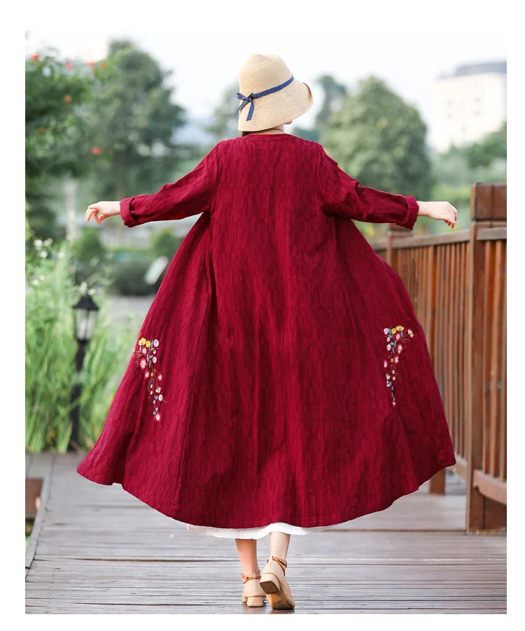 Autumn Clothing New Style Jacquard Embroidered Cotton Linen Retro Cardigan Elegant Large Size Mid-length Women's