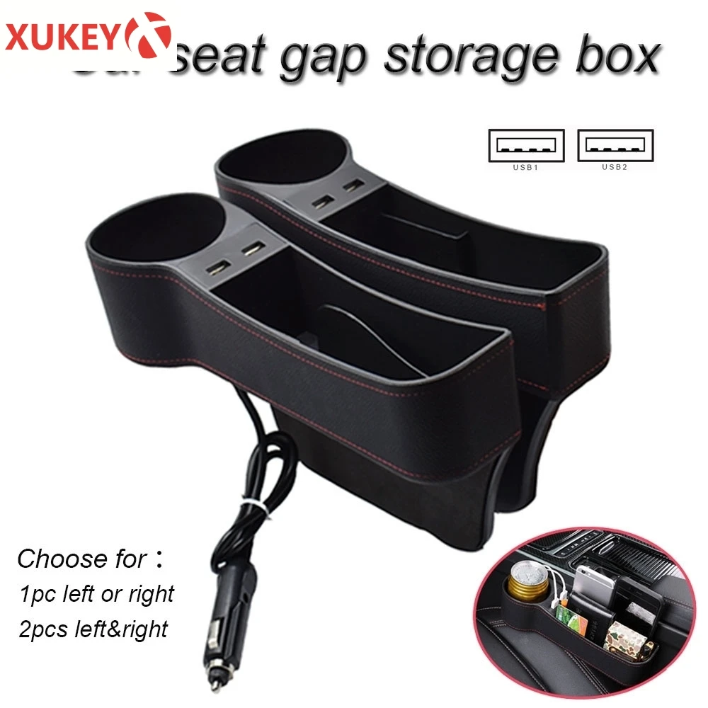 Dual Usb Charger Pu Leather Multifunctional Car Storage Box Seat Gap Organizer Filler with Cup Holder Interior Decoration
