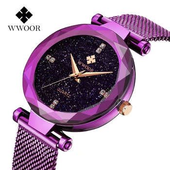 

Luxury starry sky Womens Watches WWOOR Ladies Fashion Elegant Purple Waterproof Quartz Clock Rhinestone Women Watch Reloj Mujer