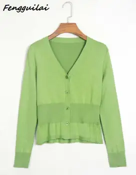 

2020 Spring New Stylish Knitting Single Breasted Button Cardigan Sweater Woman Deep V-neck Long Sleeve Jumper Kleding Jerseis