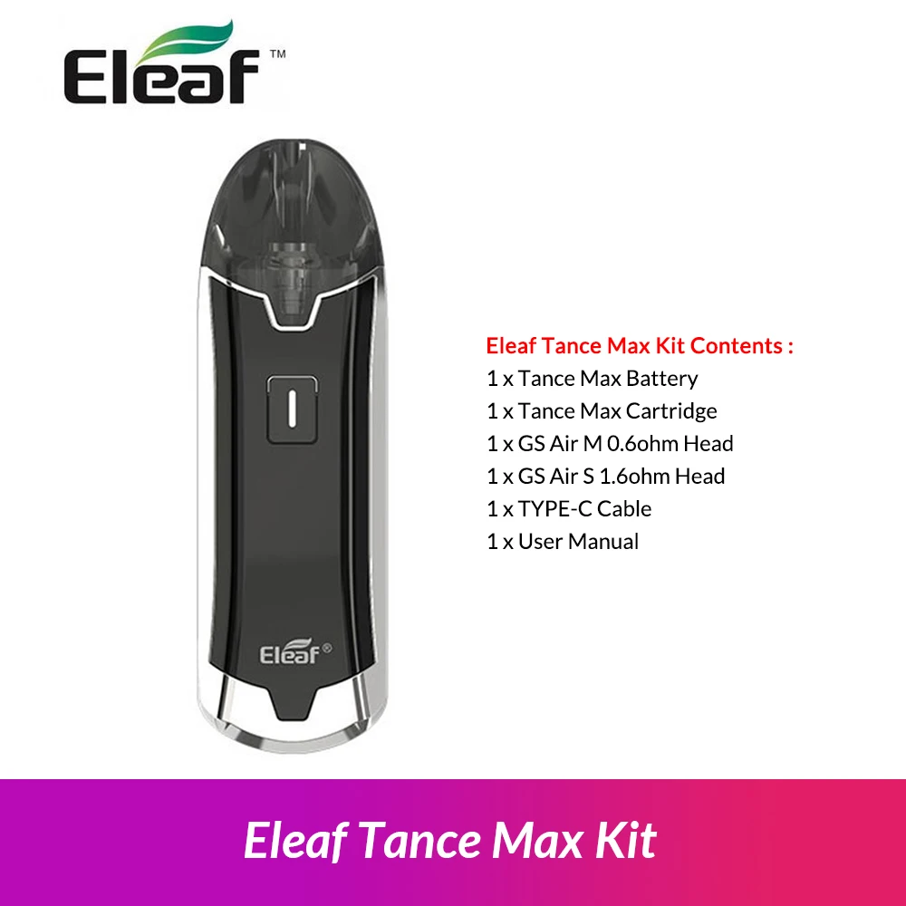 [!] Eleaf Tance Max комплект 15 Вт встроенный аккумулятор 1100 мАч+ pod картридж 4 мл GS Air M S головная катушка VS Drag Nano pod - Цвет: Black 4ML