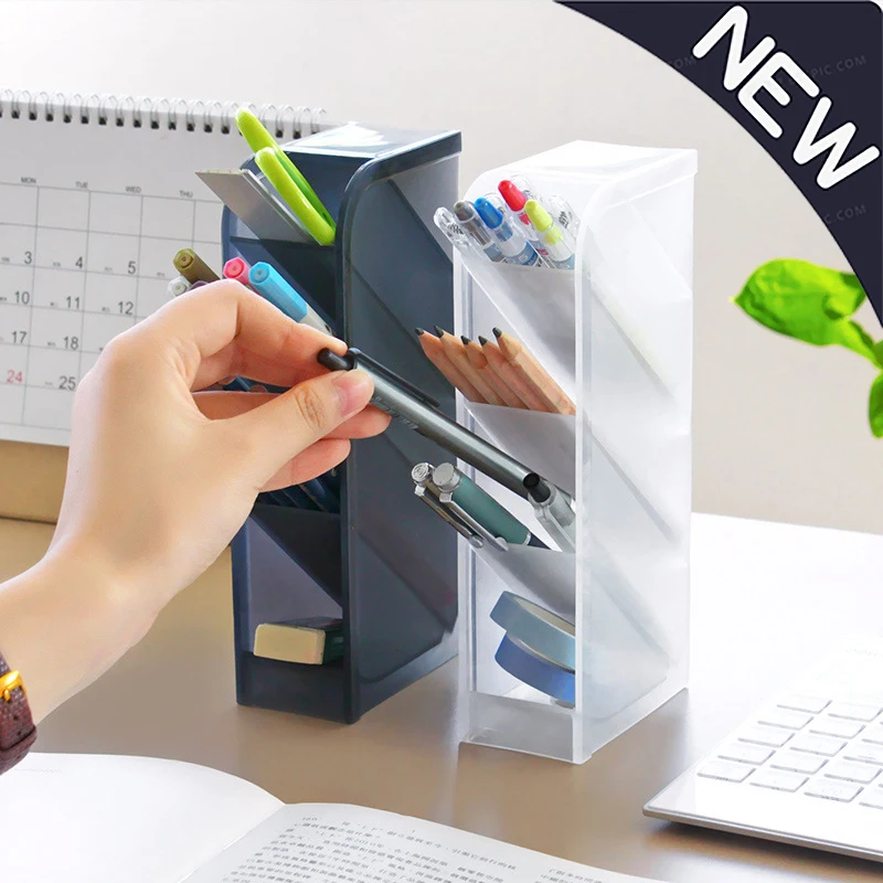 

1PCS Desk Pen Pencil Organizer Multi-function 4 Grid Desktop Pen Holder Office School Storage Case Clear White Black Plastic Box