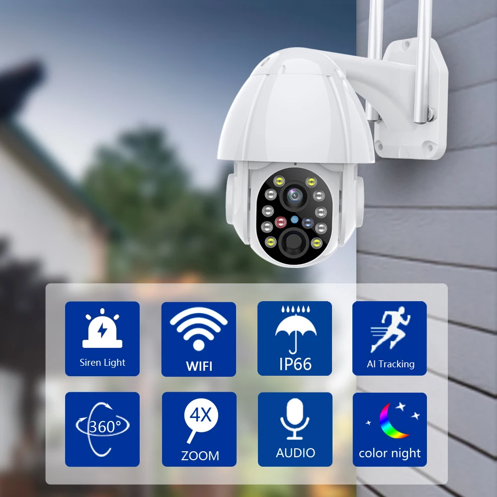 WIFI Security Camera Outdoor Video Surveillance External Protection Recorder PTZ AI Auto Tracking CCTV 4X ZOOM Color Night
