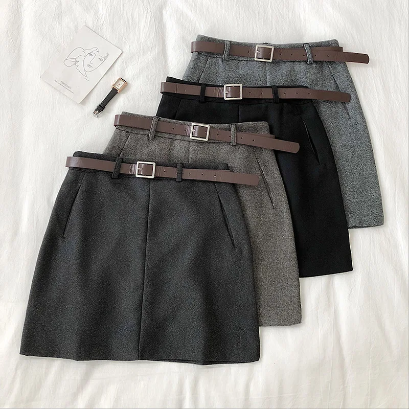 Women Sashes Chic Skirt Autumn Winter Harajuku Solid High Waist Casual A-line Skirt Females Fashion Pocket Belt Mini Skirts
