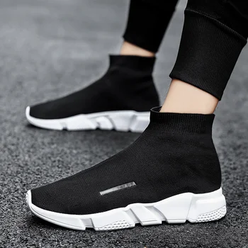 

High Top Sock Sneakers Women Vulcanbized Shoes Elastic Lovers Band Flats Flying Weaving Breathable Walking Sports Running Shoes