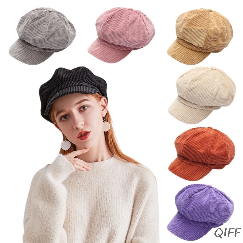 

Retro Women Ladies Autumn Winter Beret Hat Solid Color Corduroy Octagonal Cap Denim Female British Painter Hat