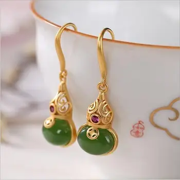 

Silver inlaid natural Hetian Jasper Froude gourd Earrings Chinese style retro palace style women's Christmas Halloween Gift