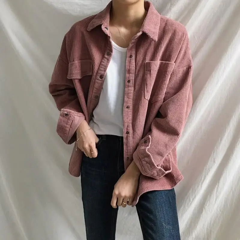  Women's Shirt Spring Autumn Corduroy Shirts Blouse Female Coat Pockets Plus Size Winter Streetwear 