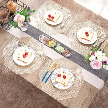 

PVC Octagon Table Placemats Non slip Heat Insulation kitchen Table Mat Hot Pad Vinyl Hollow Table Mat Rose Gold Silver 6pcs