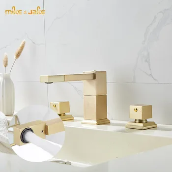 

Square double handle gold brush bathroom basin faucet hot and cold basin mixer gold brush water tap basin sink bath tap