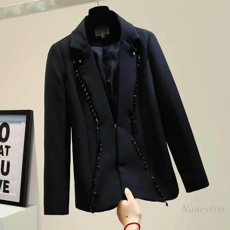 2020 Autumn Slim Elegant White Blazers Woman Evening Party Coat Beads Split Long Sleeve Suit Jacket Blazer Femenino Black