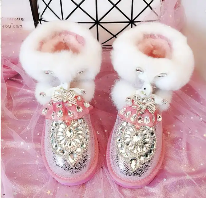 Rhinestone waterproof real cowhide snow boots female short tube fur shoes non-slip warm cotton shoes