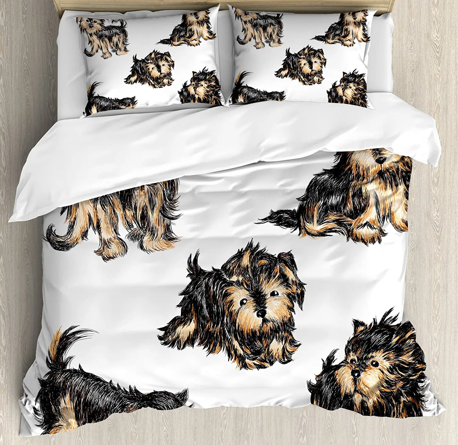 Yorkie Duvet Cover Set Hand Drawn Cute Yorkies Realistic Yorkshire Terrier Images Dog Love Cartoon Bedding Light Coffe Black | Дом и сад