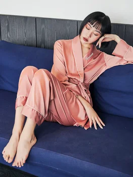 

Pajamas for Women , Spring/ Autumn Imitation Silk Pajamas Set ,Pink Sexy Pajamas Women, Lace-up Silk Korean-style Set,sleepwear