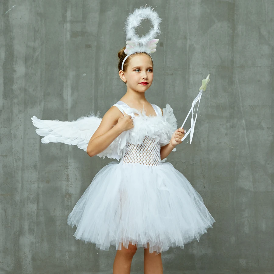 White Angel Girls Feather Tutu Dress Kids Halloween Birthday Party Costume Girl Christmas Nativity Dress with Wings Halo Outfit (13)