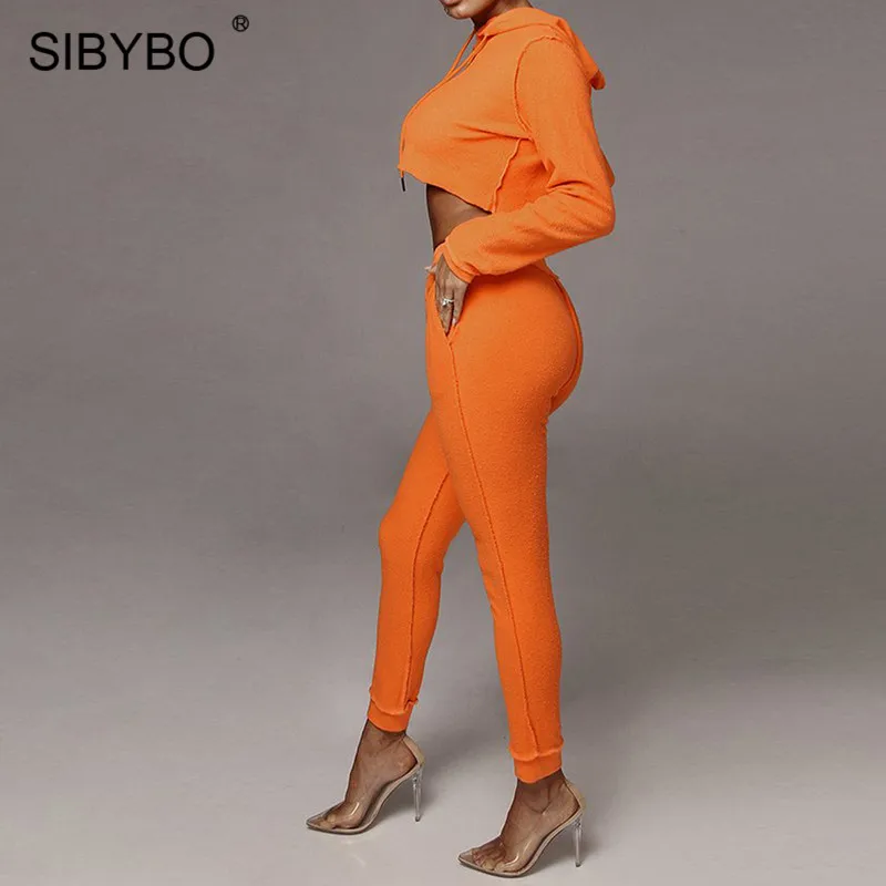 SIBYBO осень с капюшоном повседневные женские толстовки и брюки комплект с длинным рукавом спортивная одежда комплект из двух предметов Женские Карманы Тонкий сексуальный женский комплект
