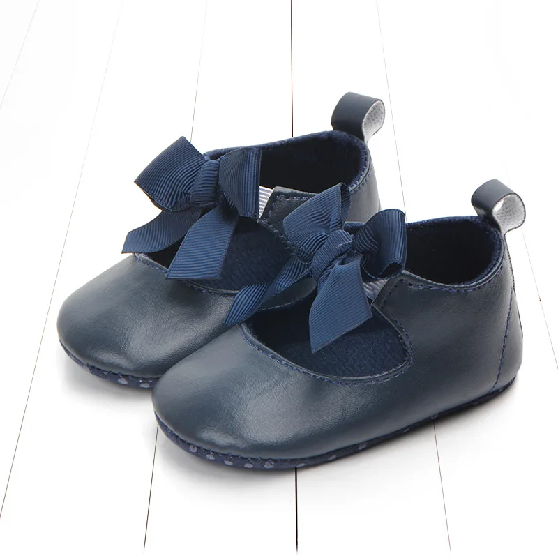 dark blue Oeak/обувь принцессы с бантиком для первой прогулки; однотонная мягкая обувь из искусственной кожи для малышей; нескользящая весенняя обувь для девочек - Цвет: dark blue