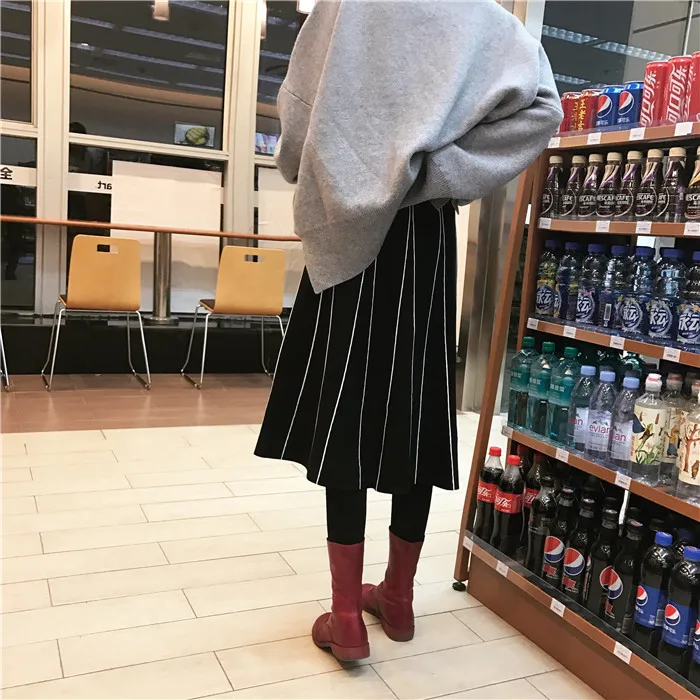 Skirts Womens Winter Vintage Striped Slim A Line High Waist Knitted Long Skirt Black Gray Fringe Skirt DF998