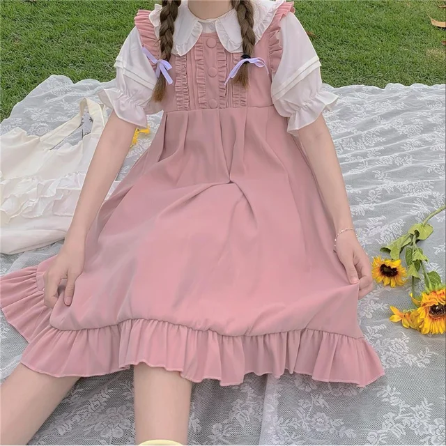 HOUZHOU-Vestido corto Kawaii de verano para mujer, vestido rosa dulce Lolita, estilo japonés Preppy, con volantes, Vintage, sin mangas 1