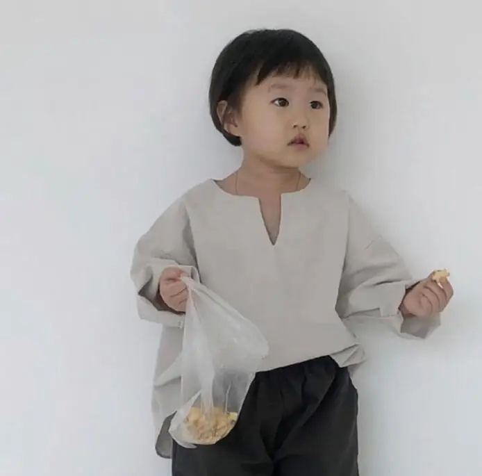 

2019 INS Japan Korea Autumn Baby Cotton Linen V-neck Design Tees Casual Simple Style Kids Boy Girls Shirts Rustic style 1-4Y