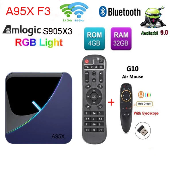 Приставка Смарт ТВ A95X F3 с RGB подсветкой Amlogic S905X3 Android 9 0 g30 air mouse 2 4 дюйма и двойным Wi
