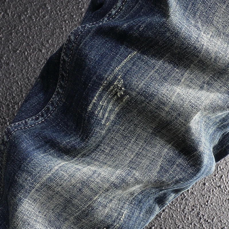 Newly Vintage Fashion Jeans High Quality Retro Blue Elastic Slim Fit Ripped Jeans Men Embroidery Designer Casual Denim Pants