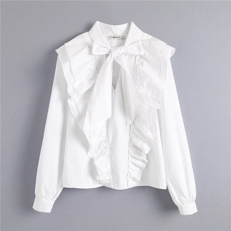 

OMIKRON New Fashion Women Cotton Ruffle Blouses Shirts Office Lady Elegant Turn-down Collar Long Sleeve Button Shirt Streetwear