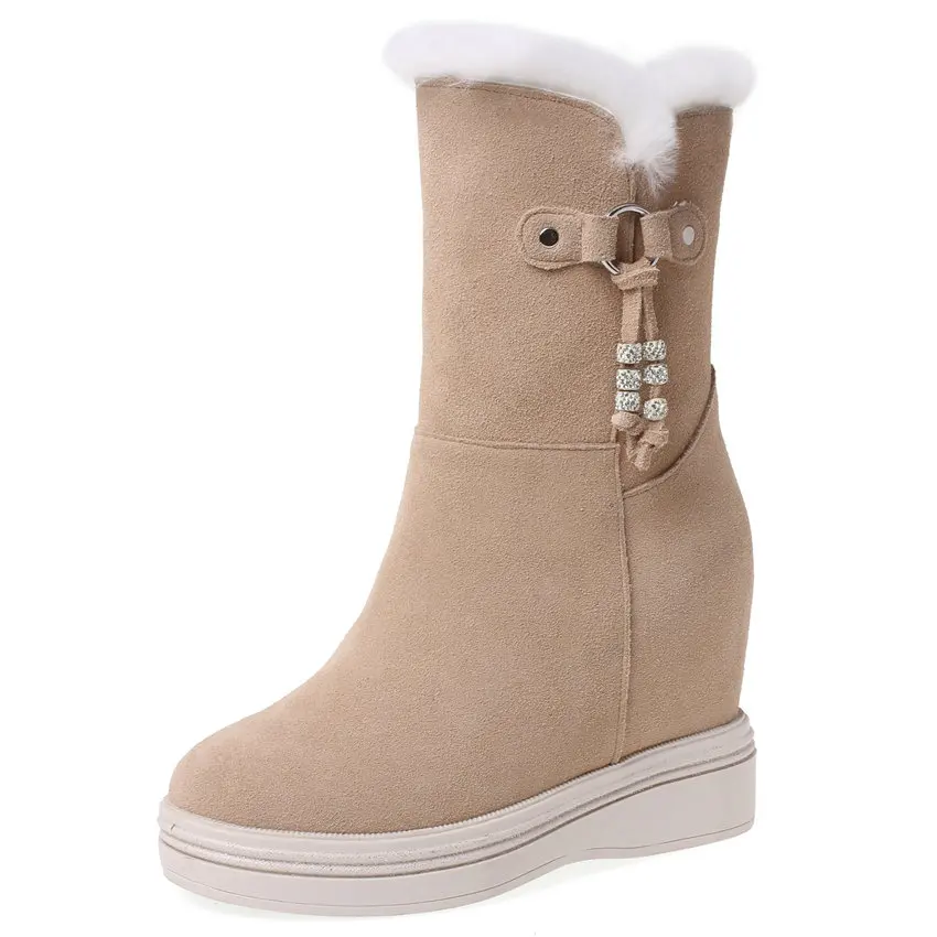Punk Goth Trainers Women Cow Leather Wedges High Heel Snow Boots Rabbit Fur Platform Pumps High Top Winter Warm Fashion Sneakers