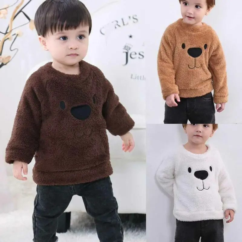 Kids Baby Girl Boy Fleece Top T Shirt Cartoon Animal Bear Thick Warm Autumn Winter Clothes Long Sleeve Toddler Blouse
