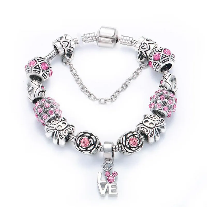 Подходят для оригинальных пандор 925 Серебро Розовые шармы бусины I love You Heart
