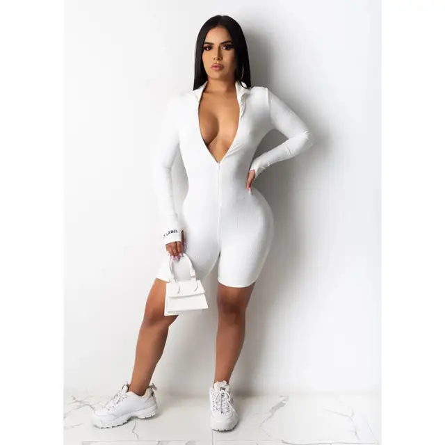  - Jumpsuit Women long sleeve solid color zipper up skinny playsuit club party sport knee length bodysuit one piece overall romper