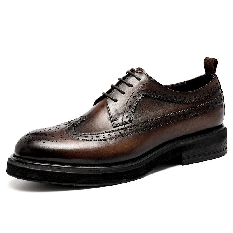 Handmade Leather Shoes Men Summer New Brogue Carved Business Dress Shoe Mens Black Casual Increase British Lace-Up Oxfrods