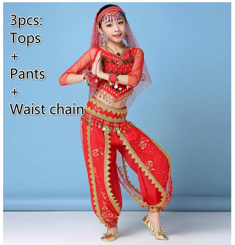 3pcs red Костюм для танца живота, комплекты для девочек, детское платье для индийского танца, детская танцевальная одежда Для Болливуда, одежда для восточных танцев - Цвет: 3pcs red