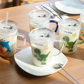 

Scale Glass Cup of Milk Children's Feeding Bottles With Straw Leak Proof Durable Cup Cartoon Water Cup Bottle With Handle