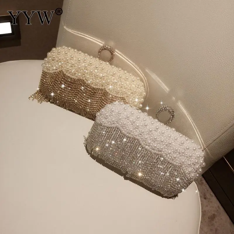 White Pearl Ring Clutch Bags Women Rhinestone Tassel Clutches Purse Wedding Sac A Main Femme 2021 New Luxury Party Bags Pouch