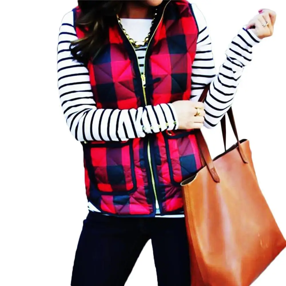 Goedkoop Herfst Winter Vrouwen Kleding Sexy Rood Zwart Plaid Print Rits Vest Vrouwelijke Warme Mouwloos Katoenen Jassen Jassen Zakken Uitloper