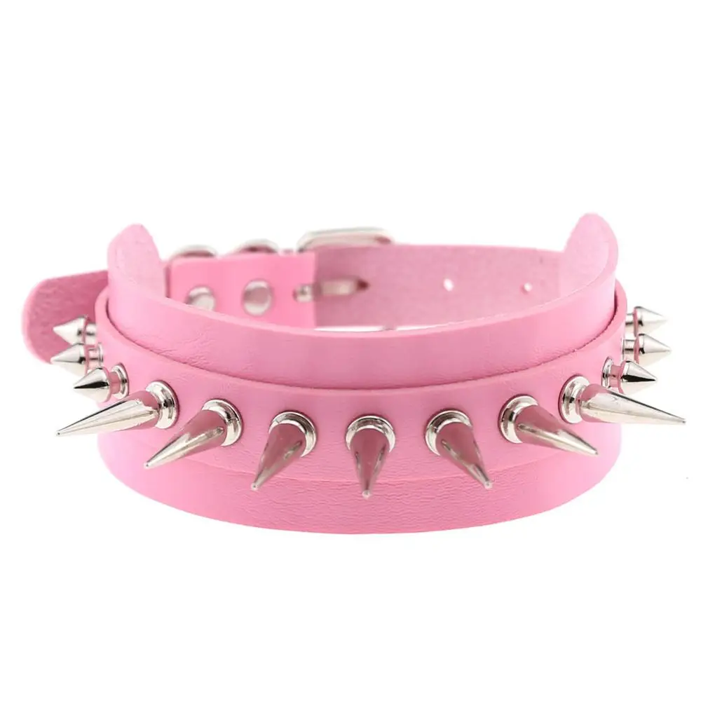 KMVEXO Punk Rock Gothic Leather Chokers for Women Mens Silver Spike Rivet Stud Collar Choker Necklaces Statement Anime Jewelry - Окраска металла: Pink