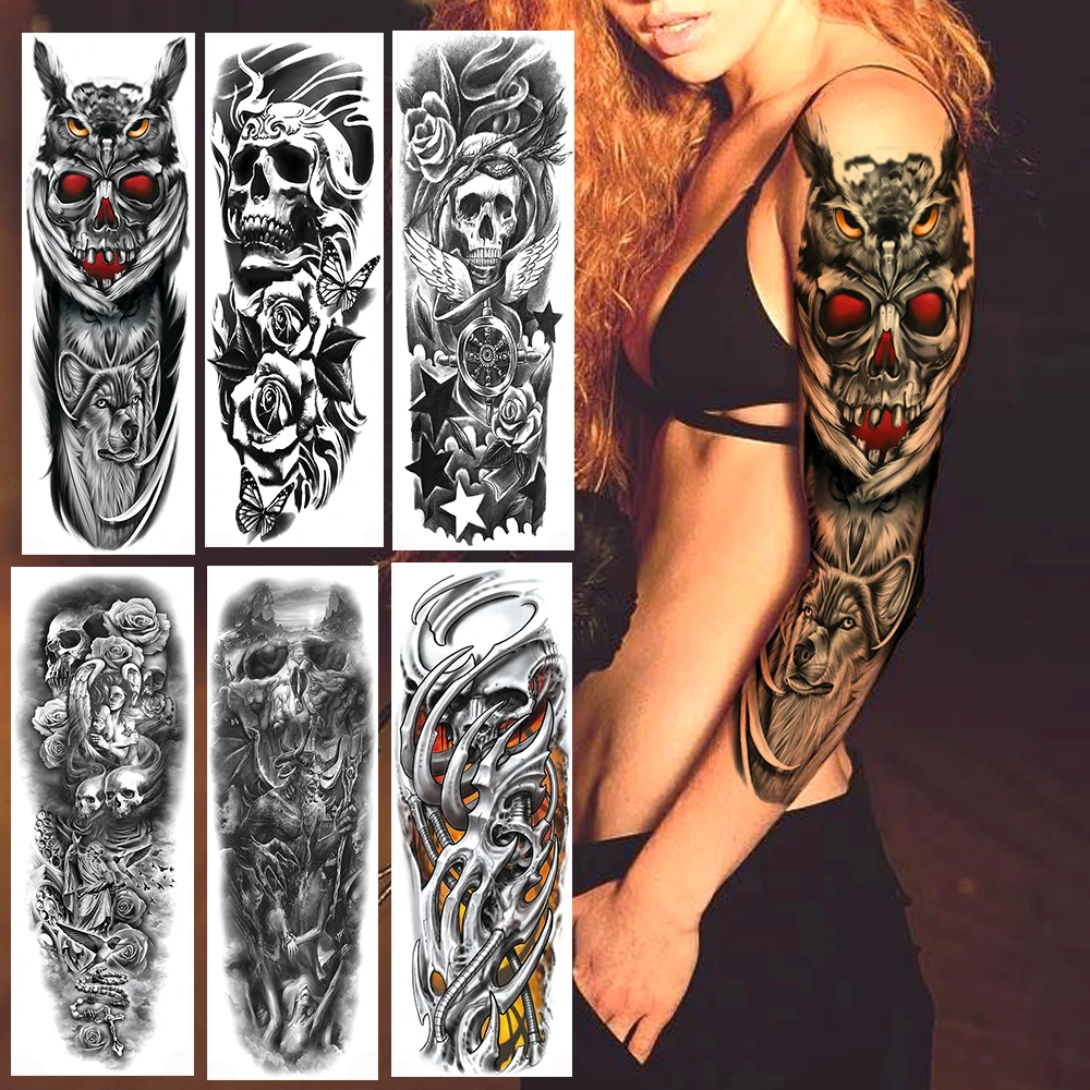 Monster Owl Wolf Temporary Tattoo Sticker Full Arm Body Art Realistic Skull Rose Tatoos Waterproof Beast Tattoos For Men Women Temporary Tattoos Aliexpress