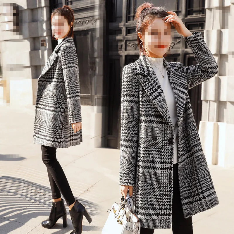 2020 New Winter Women Wool Blends Casual Jacket Plaid Trench Coat Elegant Slim Thick Outerwear Cardigan Female Cashmere Overcoat